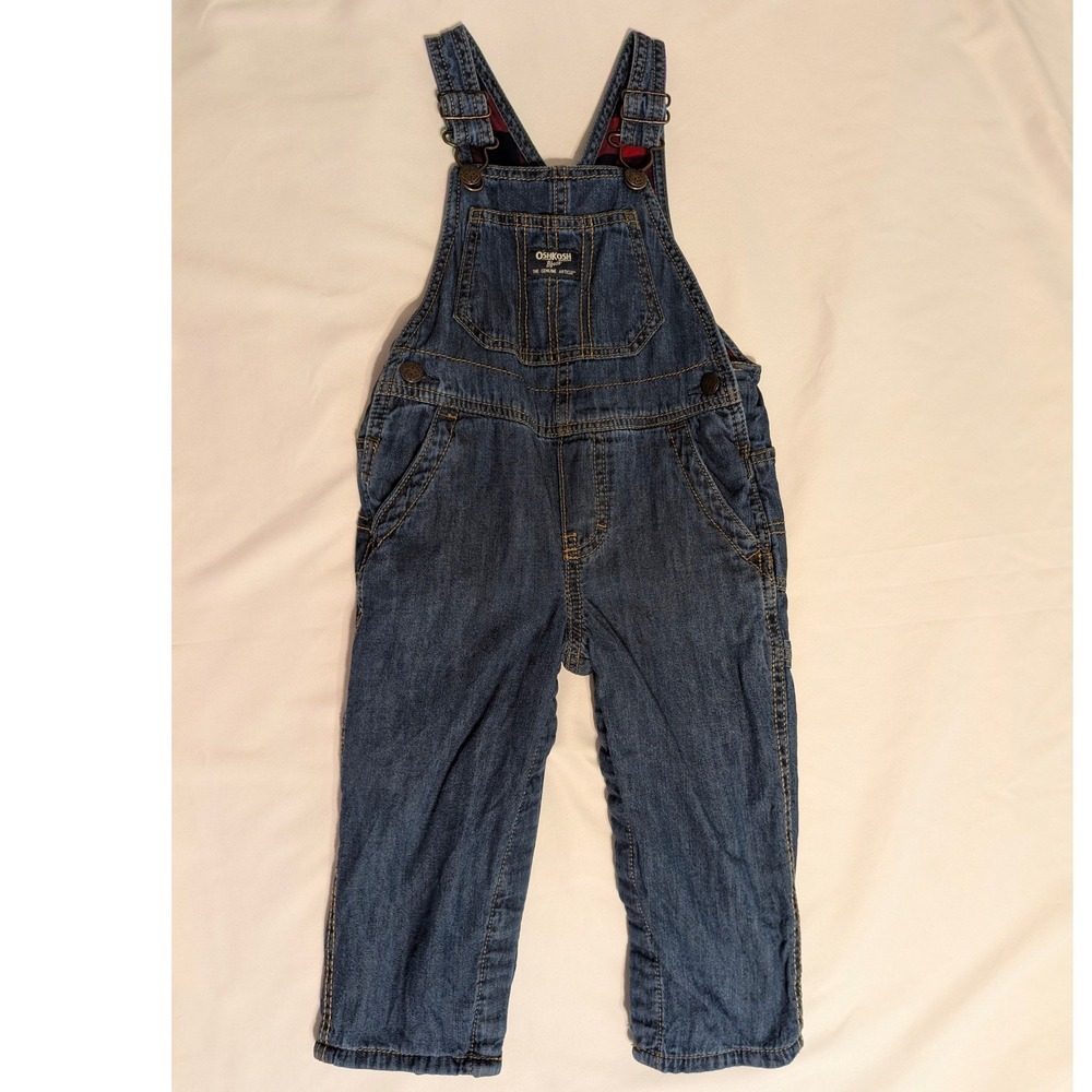 OshKosh B'Gosh Kids Flannel Lined Denim Overalls Vestbak Buffalo Plaid Size 24M